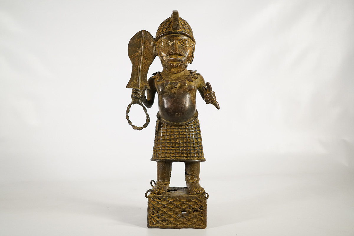 Noble Benin Bronze Soldier Statue 20"