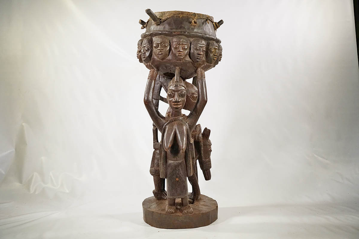 Impressive Hand Carved Yoruba Drum 46"