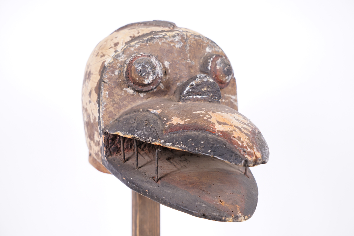 Yoruba Bird Mask with Metal Beak Ridges 13.75" on Stand - Nigeria