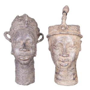 Benin & Yoruba Bronze Head 2 Piece Lot 9.75"-10.75" - African Art