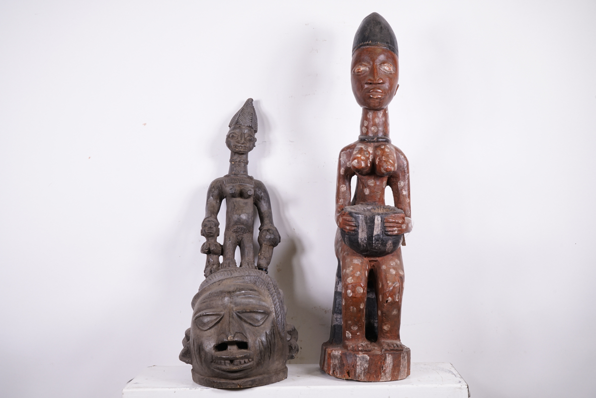 Yoruba Mask and Statue 2 Piece Lot 28.5" & 35.75"- African Tribal Art