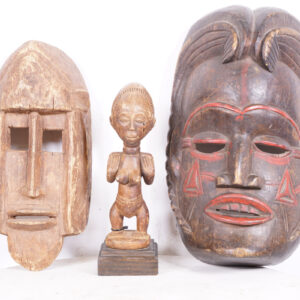 Dogon and Ibibio Mask, Luba Statue 3 Piece Lot 10.5"-17" - African Tribal Art