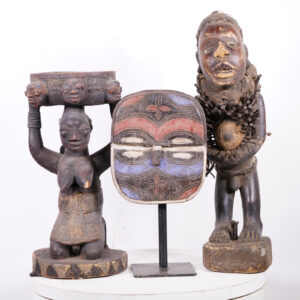 Yoruba, Kwele & Bakongo 2 Statue 1 Mask Lot 11.25"-26.75" - African Art