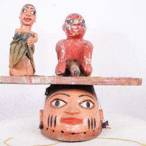 Colorful Yoruba Gelede Mask with Two Figures 17.5" Wide - Nigeria