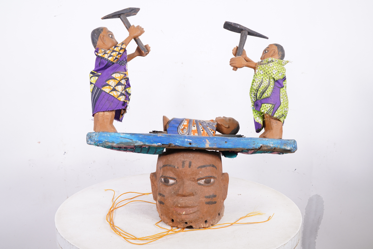 Colorful Yoruba Gelede Mask with Three Puppet Figures 19" Wide - Nigeria