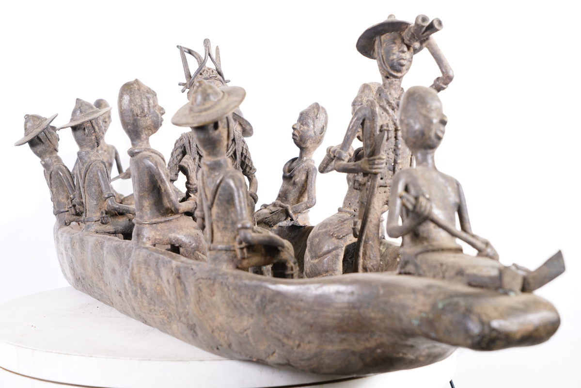 Benin Bronze Boat with Oba and Entourage 48" Long - Nigeria - African Art