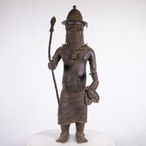 Benin Bronze Soldier Statue 36.5" - Nigeria - African Tribal Art