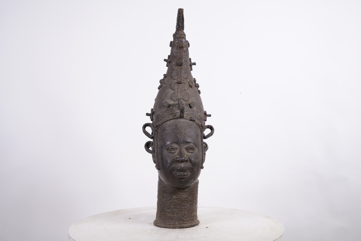 Benin Bronze Queen Mother Head 24" - Nigeria - African Tribal Art