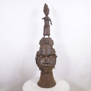 Incredible Benin Bronze Head with Queen Figure 44" - Nigeria - African Tribal Art