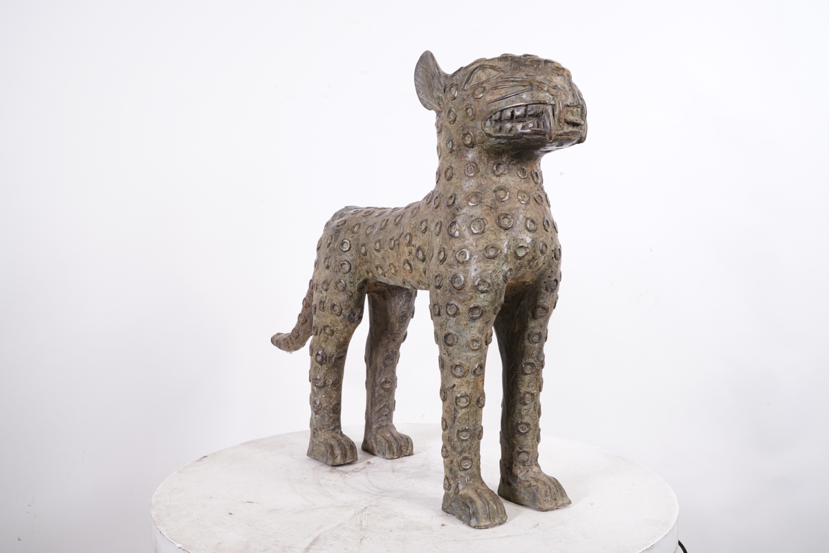 Benin Bronze Leopard Statue 26" Long - Nigeria - African Tribal Art